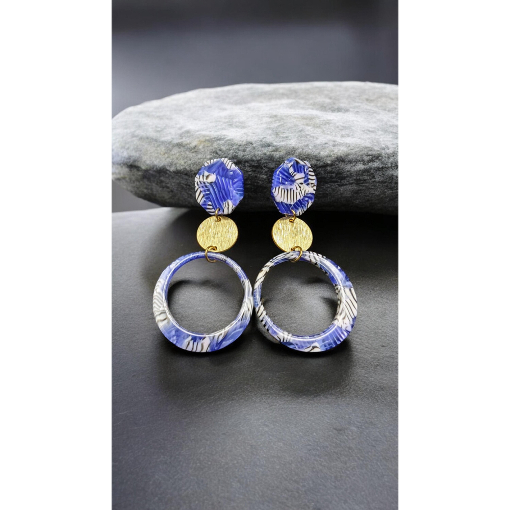 Blue Acetate and Brass Disc Dangle Earrings Statement Studs